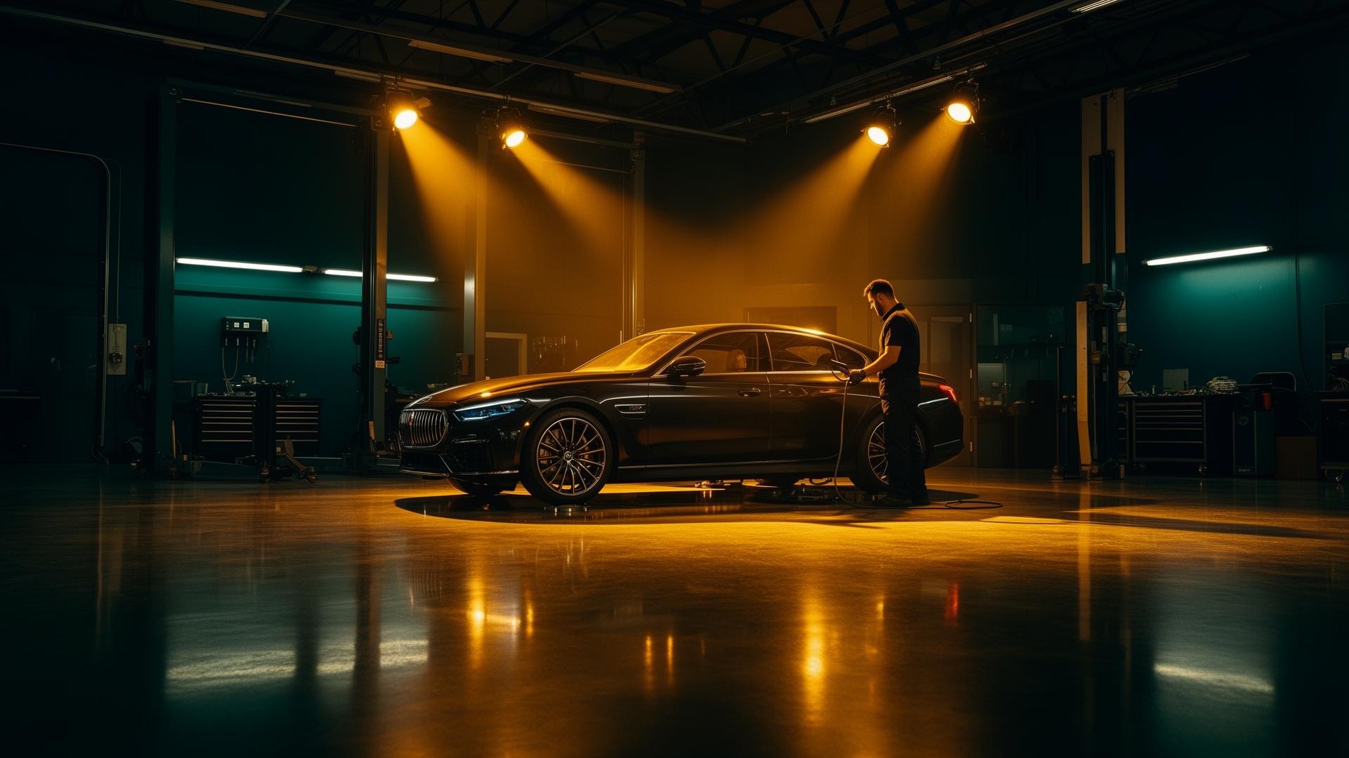 Oficina premium com iluminação dourada cinematográfica
